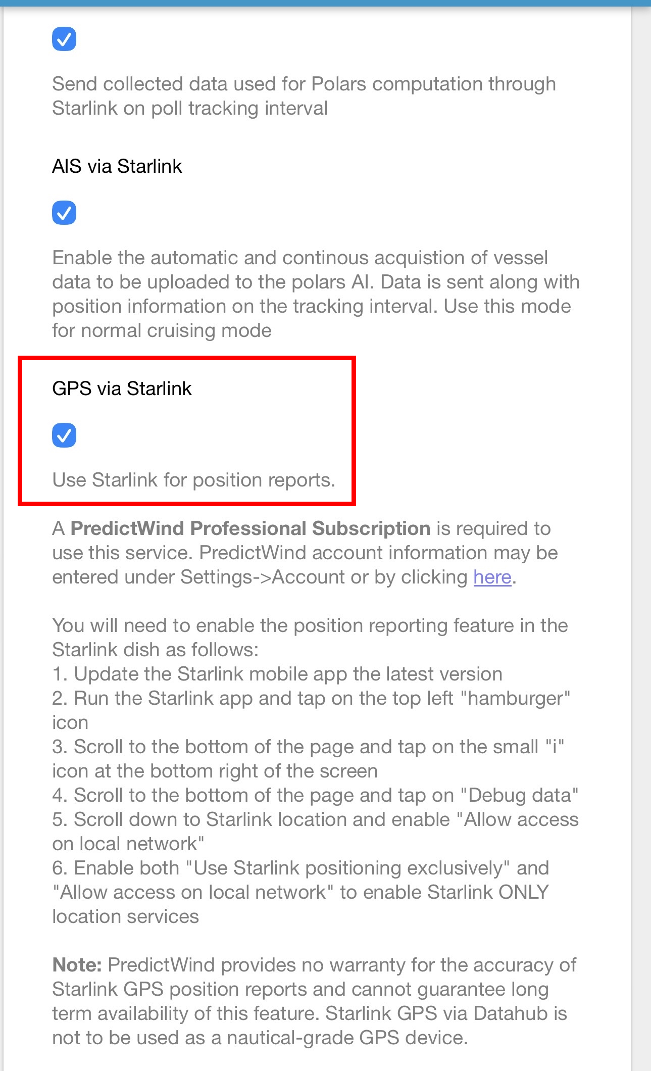 IMAGE: DataHub Internet → Starlink → GPS via Starlink enabled