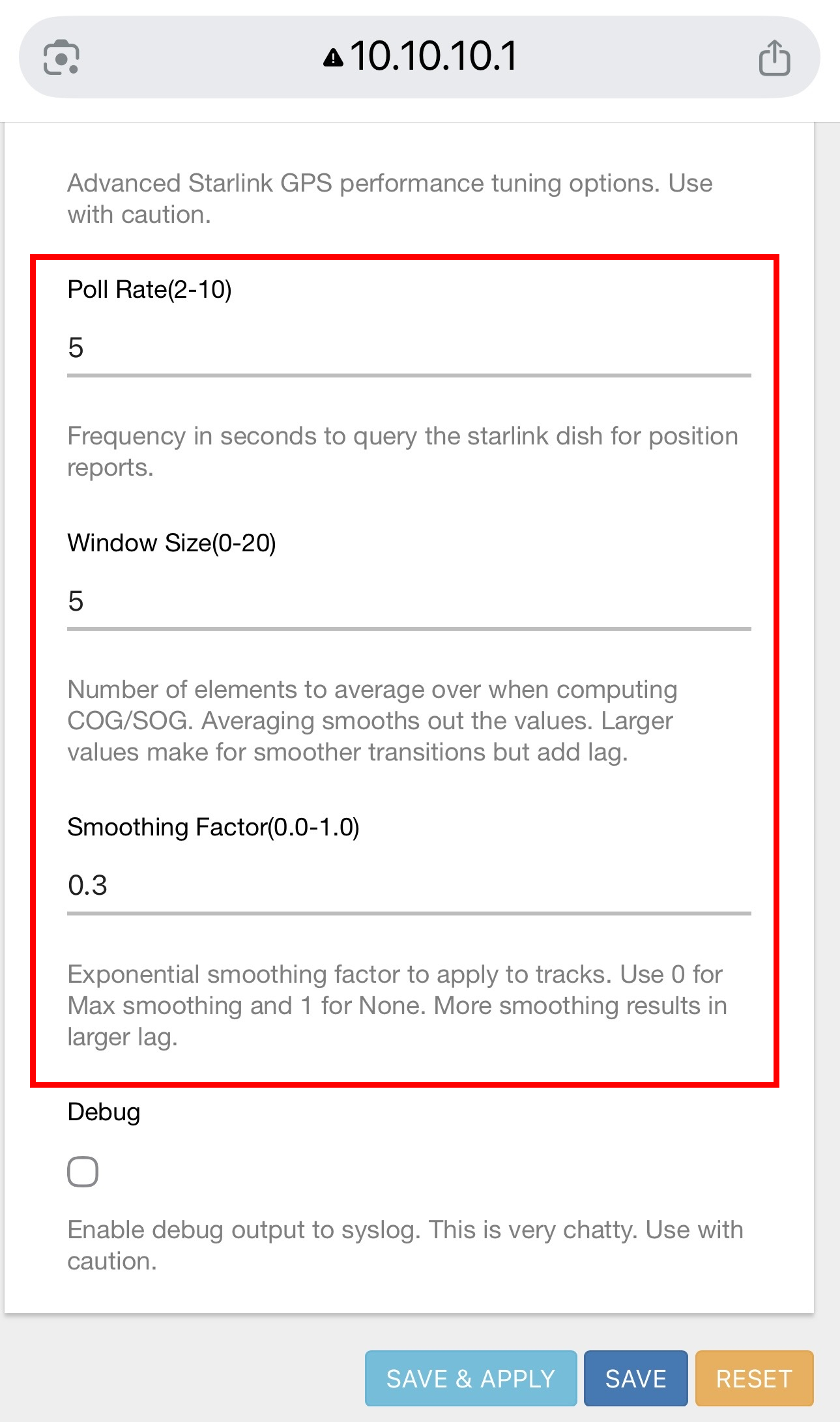 IMAGE: DataHub Starlink GPS Advanced Options – Poll Rate / Window Size / Smoothing