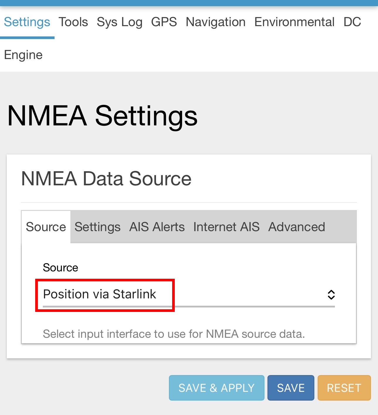 IMAGE: DataHub NMEA → Source → Position via Startlink selected