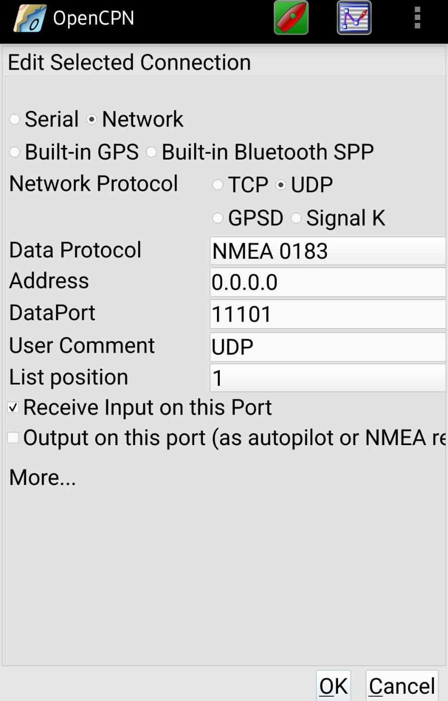 IMAGE: OpenCPN – Network connection settings using UDP