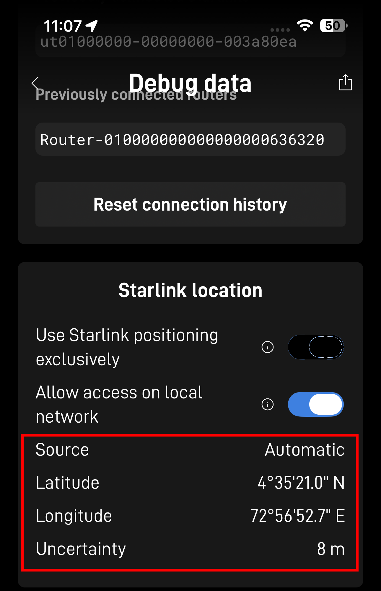 IMAGE: Starlink app – Debug Data showing latitude, longitude, uncertainty