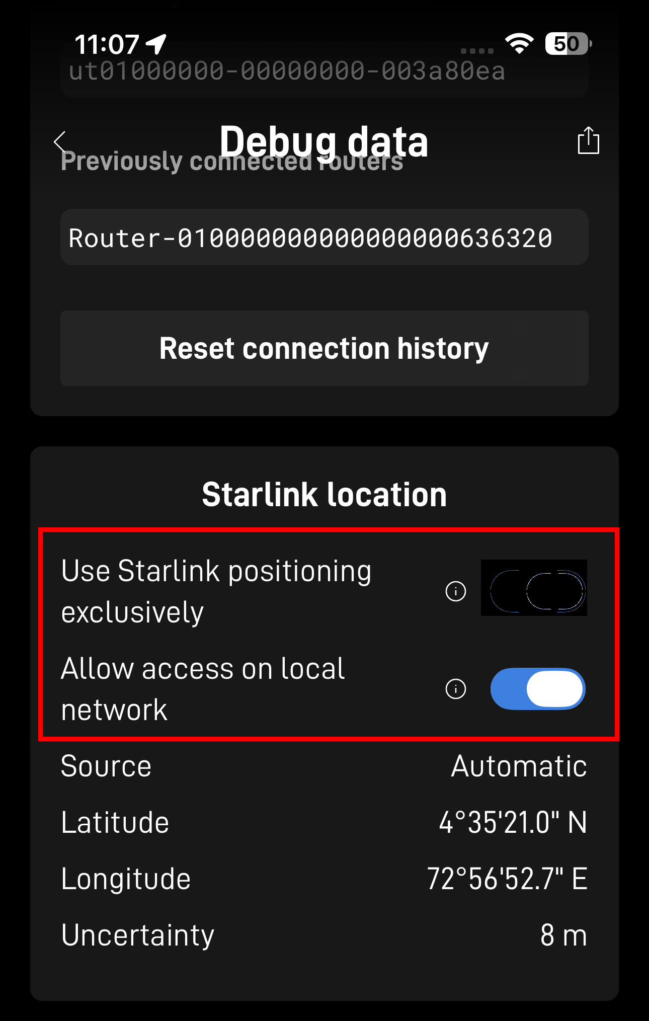 IMAGE: Starlink app – Debug Data → Starlink location section