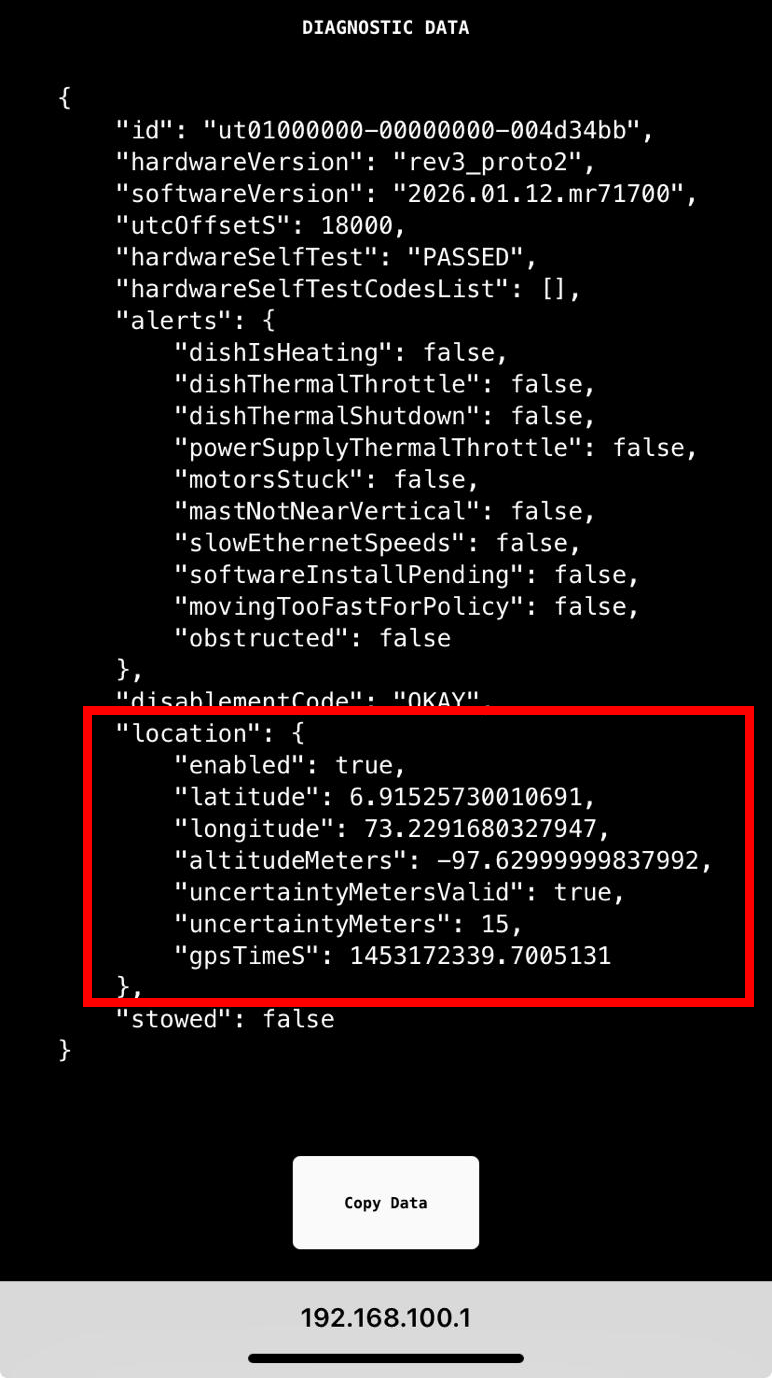 IMAGE: Starlink local web interface showing “location” data section